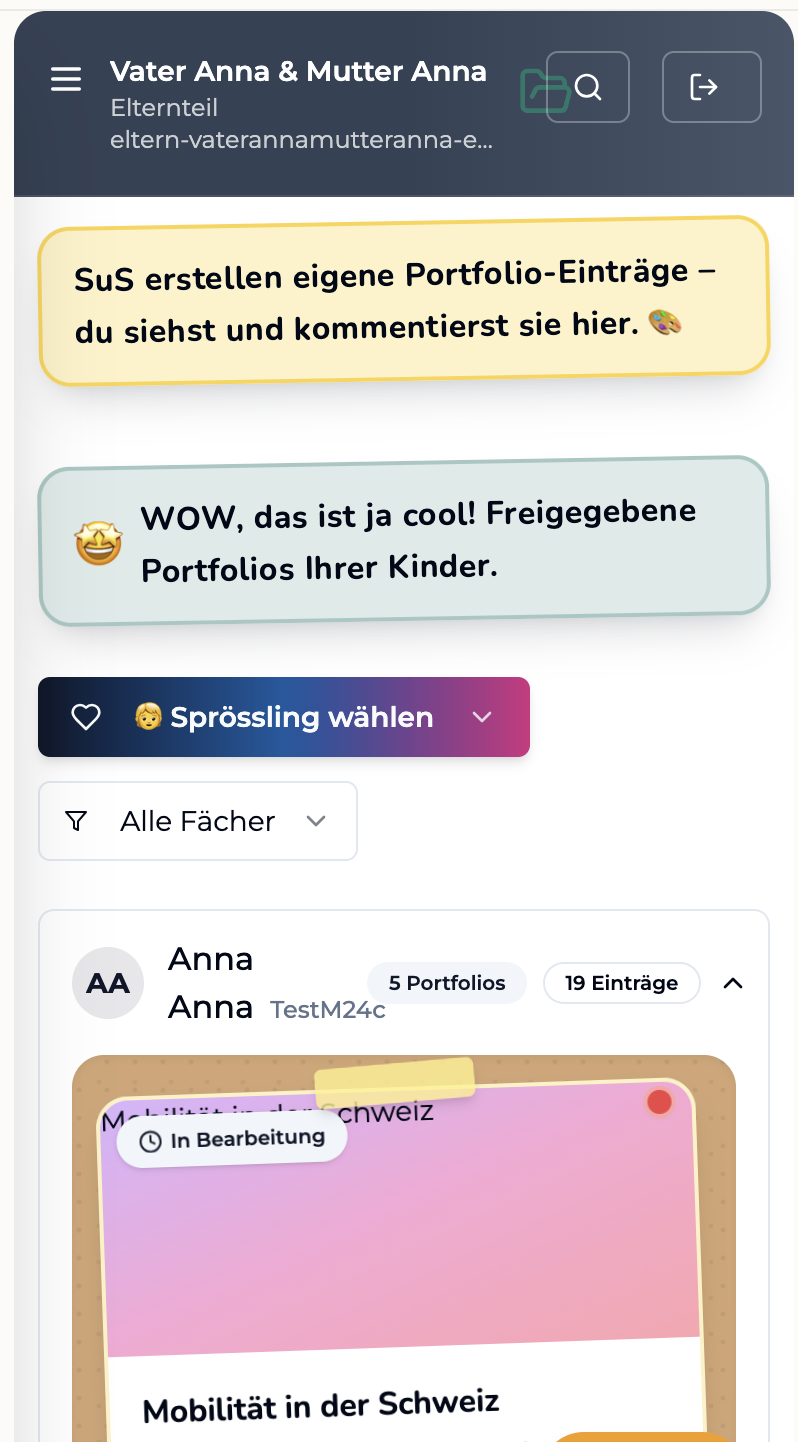 Freigegebene Portfolios der Kinder einsehen.