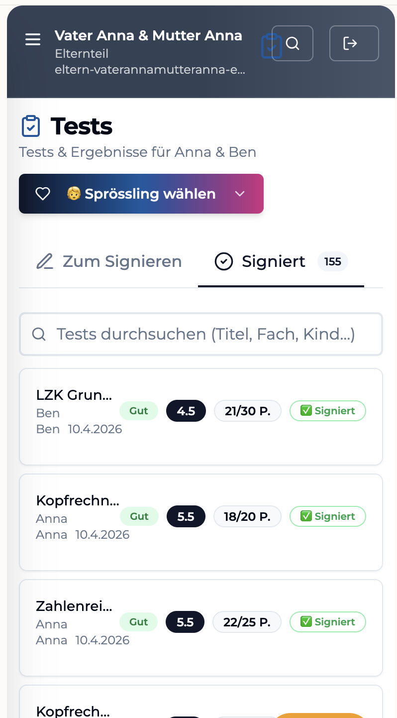 Tests auf einen Blick – signieren mit einem Tipp.