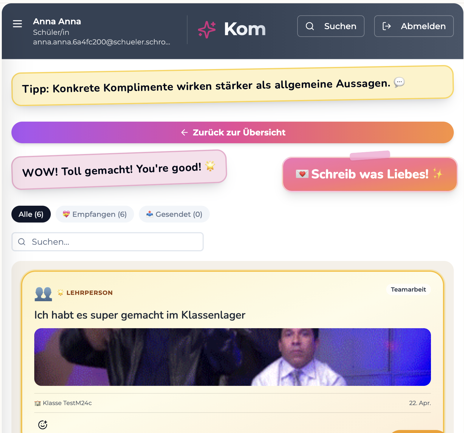 Komplimente von Lehrpersonen – auch mit Bild oder GIF.