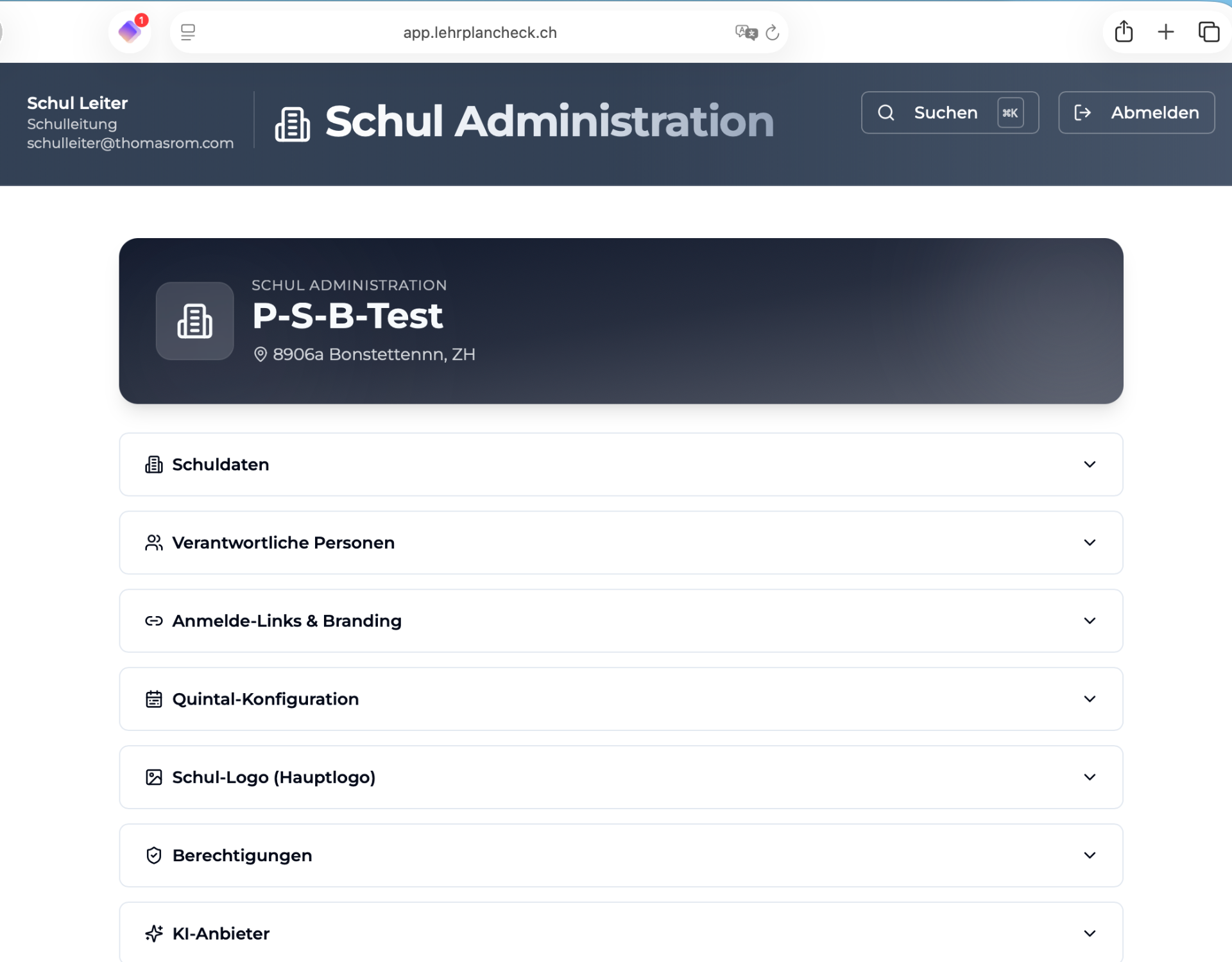Schul-Administration – Branding, Quintale, Berechtigungen, KI-Anbieter.